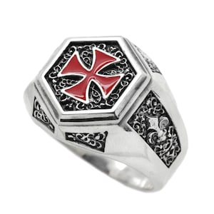 Knights Templar Ring, the Order of Solomon Temple Signet With Cross Red ...