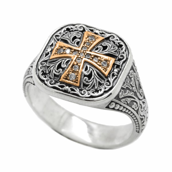 Byzantine Medieval Gold Cross Mens Ring with Pattern Sterling Silver 925