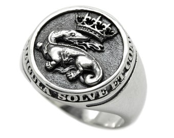 Salamander Breath Fire with Crown, Solve et Coagula, Alchemy Ring Occult Signet Mens Ring Silver 925