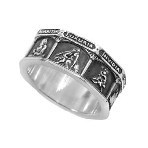 Unique Seven Deadly Sins Sterling Silver Mens Stoic Ring for Him, Stylish Seven Cardinal Sins, Christian Theological Philosophy Jewelry