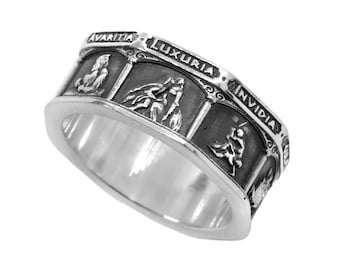 Unique Seven Deadly Sins Sterling Silver Mens Stoic Ring for Him, Stylish Seven Cardinal Sins, Christian Theological Philosophy Jewelry