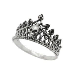 Krone Schädel, Skelett, Liebe bis zum Tod, schwarze Edelsteine, Sterling Silber Frauen Ring