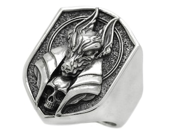 Anubis, der ägyptische Gott – Riesiger antiker Herren-Siegelring – Ring aus 925er Sterlingsilber