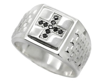 Black Zircons Cross Men's Ring Sterling Silver 925