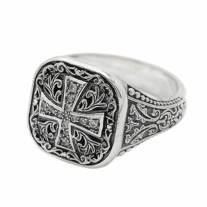 Orthodox Christian men's signet ring available in sterling silver or with a gold cross on top. Antique religious jewelry with engraved inner band. A symbolic gift for men of faith, ideal for baptism, wedding, or spiritual milestones. Inspired by Orthodox and Catholic traditions with personalized engraving options.