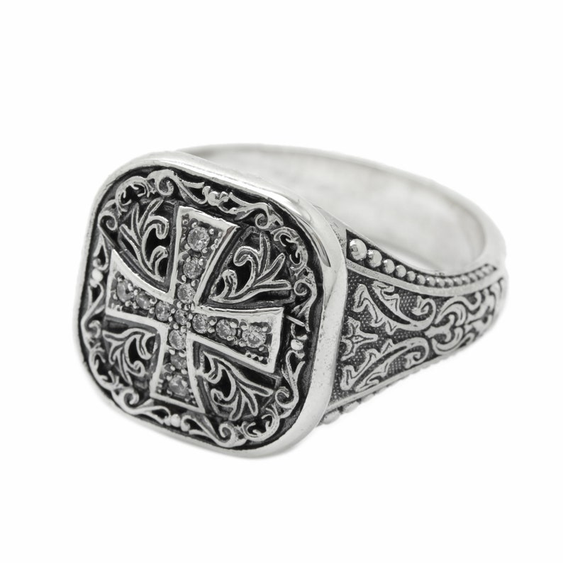 Orthodox Christian men's signet ring available in sterling silver or with a gold cross on top. Antique religious jewelry with engraved inner band. A symbolic gift for men of faith, ideal for baptism, wedding, or spiritual milestones. Inspired by Orthodox and Catholic traditions with personalized engraving options.