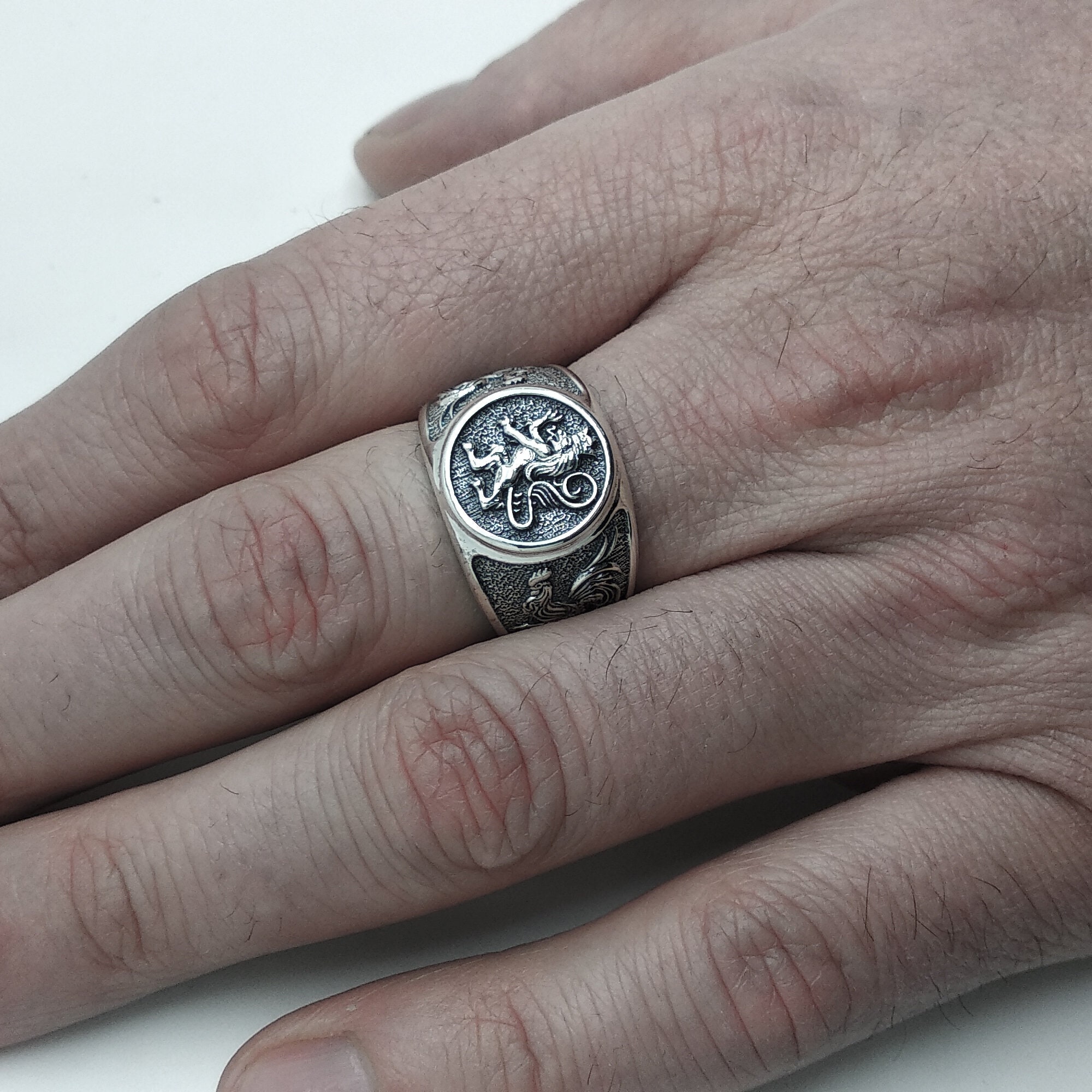 Lion and Roosters Coat of Arms Silver 925 Mens Ring Etsy
