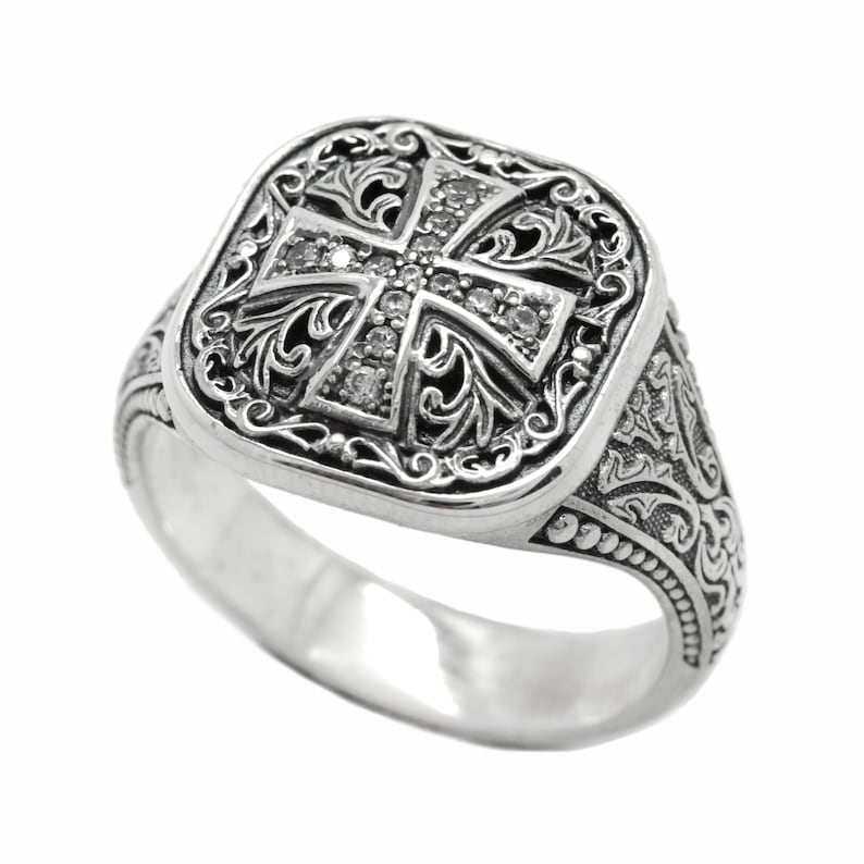 Orthodox Christian men's signet ring available in sterling silver or with a gold cross on top. Antique religious jewelry with engraved inner band. A symbolic gift for men of faith, ideal for baptism, wedding, or spiritual milestones. Inspired by Orthodox and Catholic traditions with personalized engraving options.