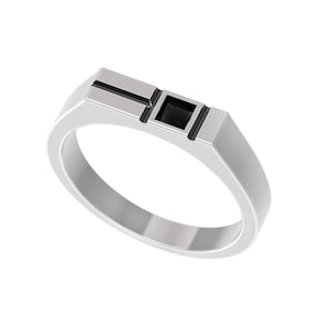 Minimalist Mens Signet Ring for Him, Rectangle Signet Pinky Ring, Natural Black Spinel Ring, Sterling Silver Mens Ring