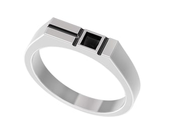 Minimalist Mens Signet Ring for Him, Rectangle Signet Pinky Ring, Natural Black Spinel Ring, Sterling Silver Mens Ring