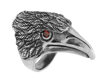 Raven Ring with Red Zircon Eyes, Sterling Silver Crow Head Statement Ring for Men