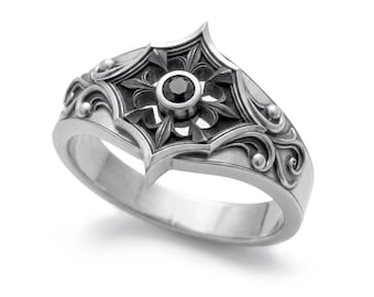 Gothic Engagement Ring • Womens Wedding Ring • Black Zircon or Red Garnet in Oxidized Sterling Silver
