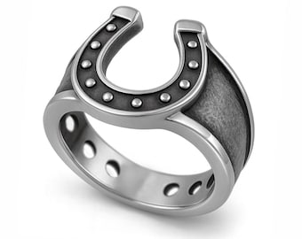Anillo de sello para hombre con herradura justificada - Talismán de la suerte - Plata de ley 925 ennegrecida