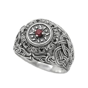 Hospitaleier Knight&#39;s Cross Mens Ring, Red Garnet Zircon Gemstone, Sterling Silver Mens Signet Ring