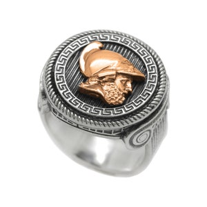 Ares Greek God of Courage and War Ring Sterling Silver Round Top Signet Greek Meander