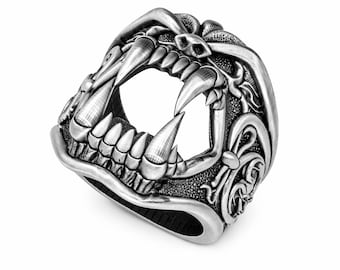 Anillo gótico de Drácula con colmillos de vampiro: anillo de sello gótico de plata de ley para hombre con colmillos, joyería de vampiro, anillo de mascarada de Halloween de vampiro