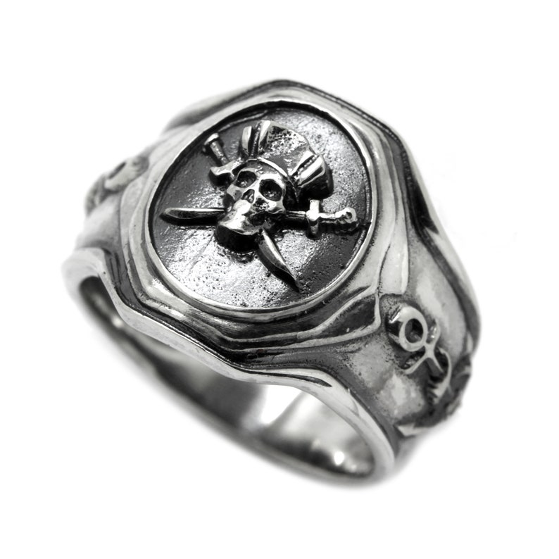 Pirate Skull Ring, Santa Muerte, Sea Anchor Men Silver Ring image 1