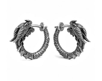 Pendientes de aro con dragón Ouroboros • Plata de ley 925 ennegrecida
