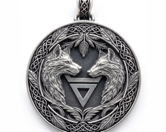 Amuleto pagano de dos lobos • Símbolos eslavos Veles y Svarog • Colgante de plata para hombre