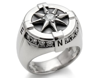 Anillo brújula para hombre – Anillo de sello de plata esterlina con rosa de los vientos