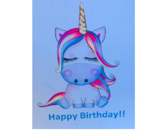 Printable unicorn birthday card, downloadable card, digital, girl birthday card, unicorn card, unicorn birthday, unicorn birthday cake card
