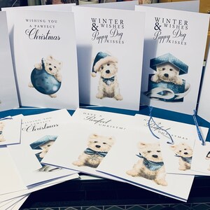 Biglietto di Natale, biglietto westie, biglietto di Natale per cani, confezione da 4 (westies) Design Pack 1 con etichette regalo abbinate GRATUITE, SCARICABILE