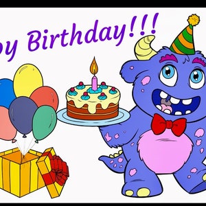 Digital Happy Birthday animated video, download now, animated card, last minute birthday card gift, monster birthday, for kids and adults