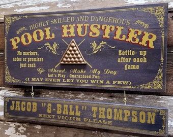 Pool Hustler Wood Sign with Optional Personalization