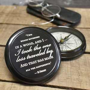 Engraved Robert Frost &quot;Road Less Traveled&quot; Brass Compass