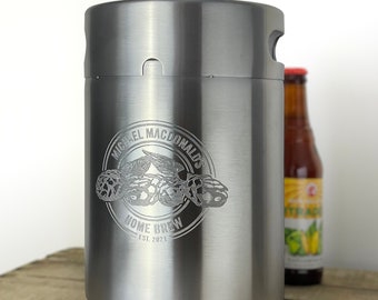 Home Brew Beer Growler with Engraved Personalized Hops Logo - 5L Stainless Steel