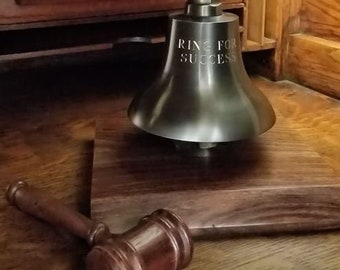 Engraved Stock Market Desk Bell with Hammer - Antiqued Brass