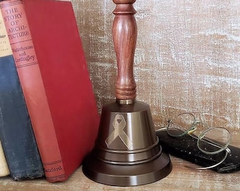 Engraved Antiqued Brass Cancer Ribbon Hand Bell - 9 Inch Tall