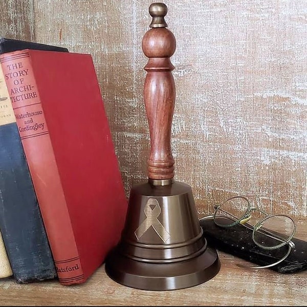 Engraved Antiqued Brass Cancer Ribbon Hand Bell - 9 Inch Tall