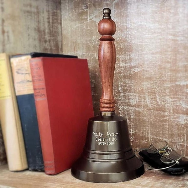 Large Antique Brass Engraved Hand Bell - 11 Inch Tall