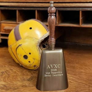 Engraved Antiqued Brass Cow Bell with Wood Handle
