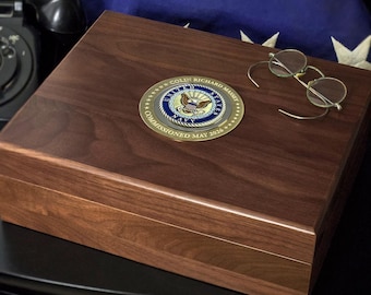 Large Deluxe Personalized Navy Keepsake Box with Brass Medallion