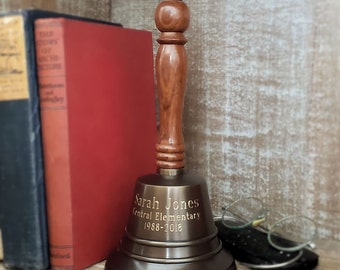 Engraved Antiqued Brass Finish Teacher's Bell - 9 Inch Tall