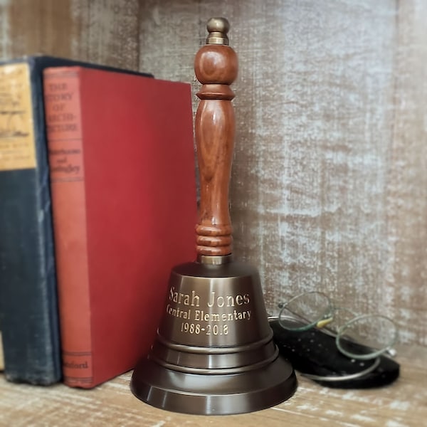 Engraved Antiqued Brass Finish Teacher's Bell - 9 Inch Tall