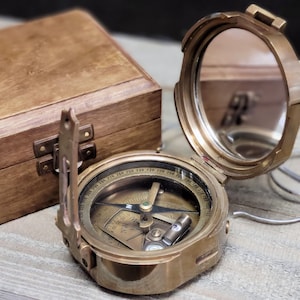 Antiqued Brass Military Compass with Engraved Box
