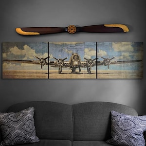 B-17 in Blue Sky Wood Triptych - 32 x 10.5