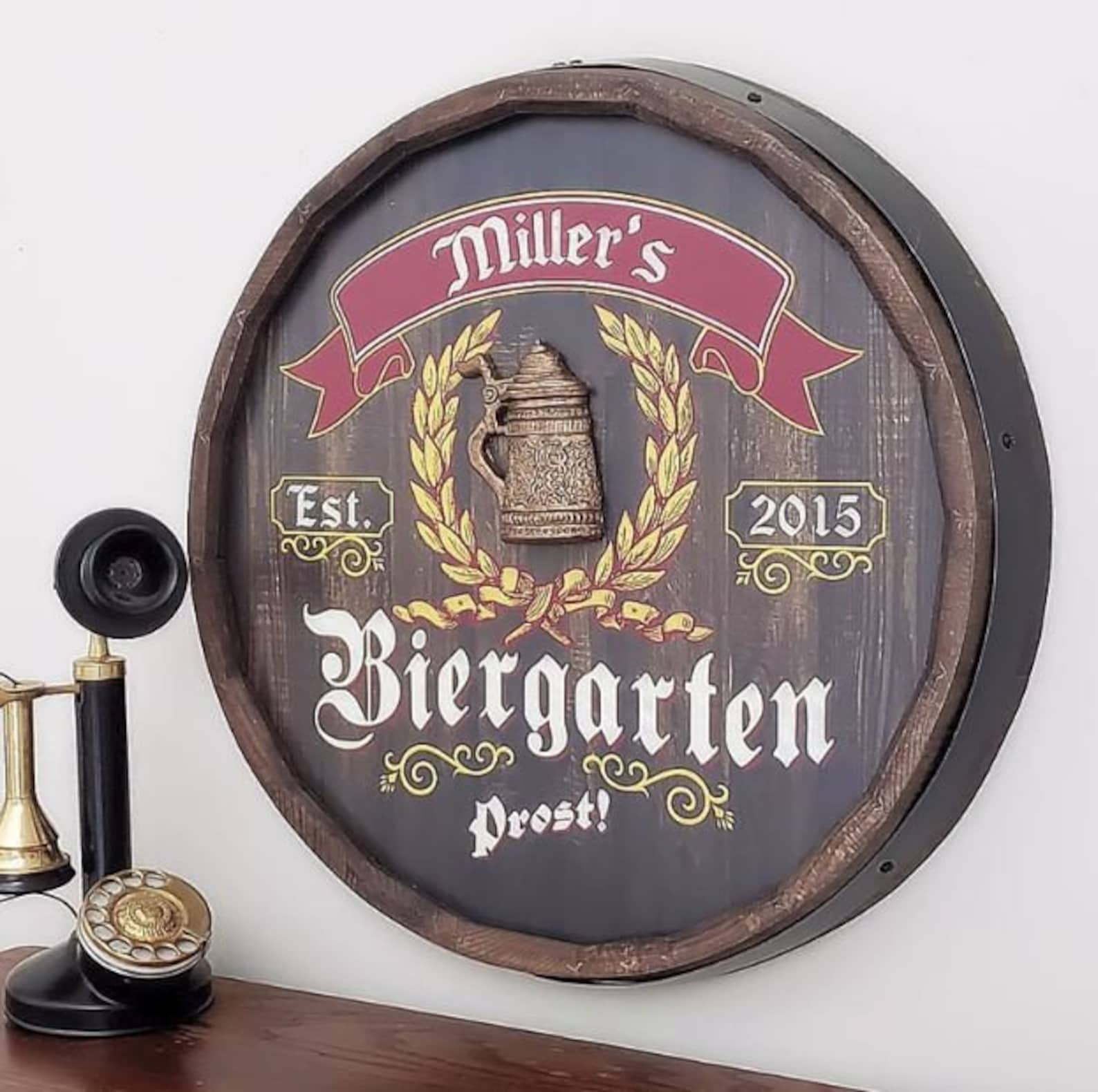 Biergarten Personalized Barrel End Bar Sign >>> Need it on or before Christmas Eve? Order by DECEMBER 12