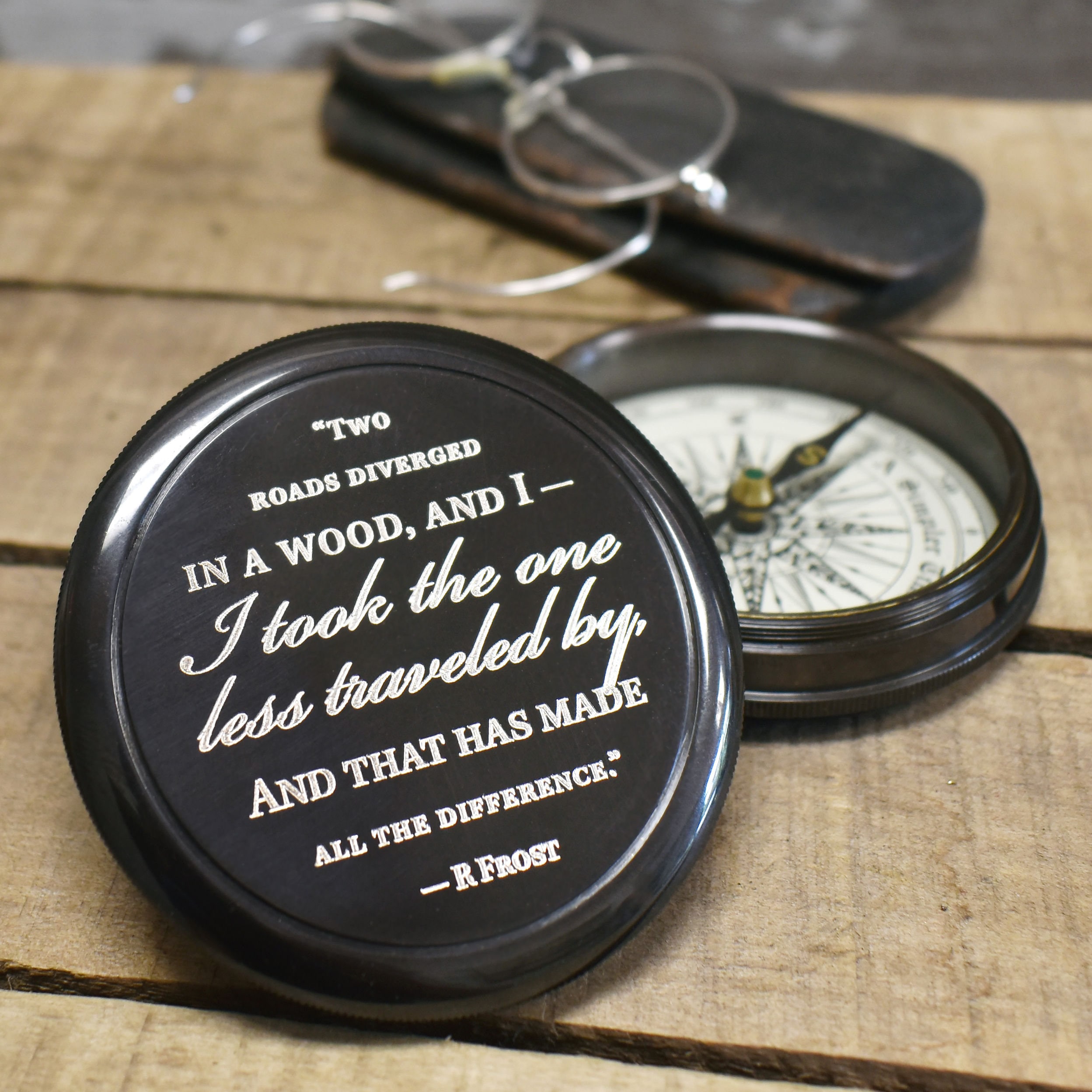 Engraved Robert Frost "Road Less Traveled" Brass Compass