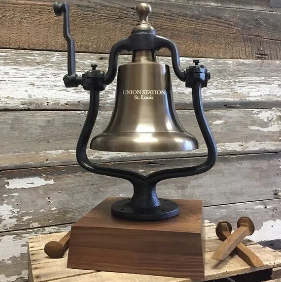 Large Deluxe Antique Brass Railroad Bell With Wood Base Etsy