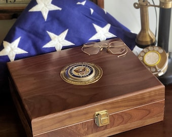 Large Deluxe Personalized Navy Keepsake Box with Brass Medallion