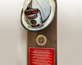 Personalized Firefighter Helmet on Plaque with Brass Maltese Medallion