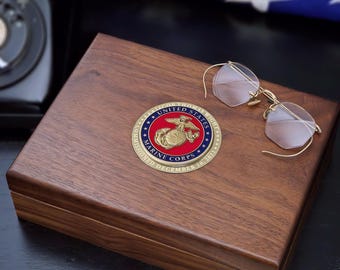 Personalized Walnut Keepsake Box with U.S. Marines Medallion