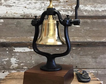 Deluxe Engraved Medium Polished Railroad Bell with wood base