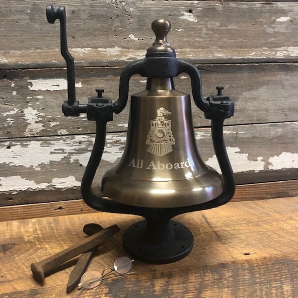 Train Logo Antiqued Brass Large Railroad Bell w/ custom engraving