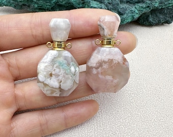 Natural Faceted Cherry Blossom Agate Perfume Bottle Pendant, Sakura Crystal Essential Oil Vial Charms,Gold Plated Perfume Necklace Gifts