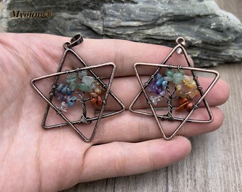 ブロンズメッキ天然宝石砂利ワイヤーラップ生命の木ペンダント、六芒星
